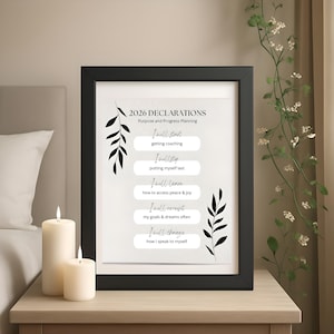 May include: A framed print with the text "2026 DECLARATIONS" and motivational statements. The black frame surrounds a white background with black leaf illustrations. Two white candles are on a wooden nightstand.