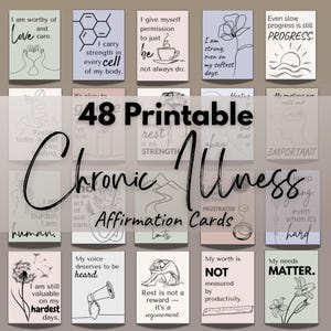 Chronic Illness Affirmation Cards – 48 Printable PDF Cards + B&W + Editable – Mental Health, Spoonie Self-Care, Instant Download