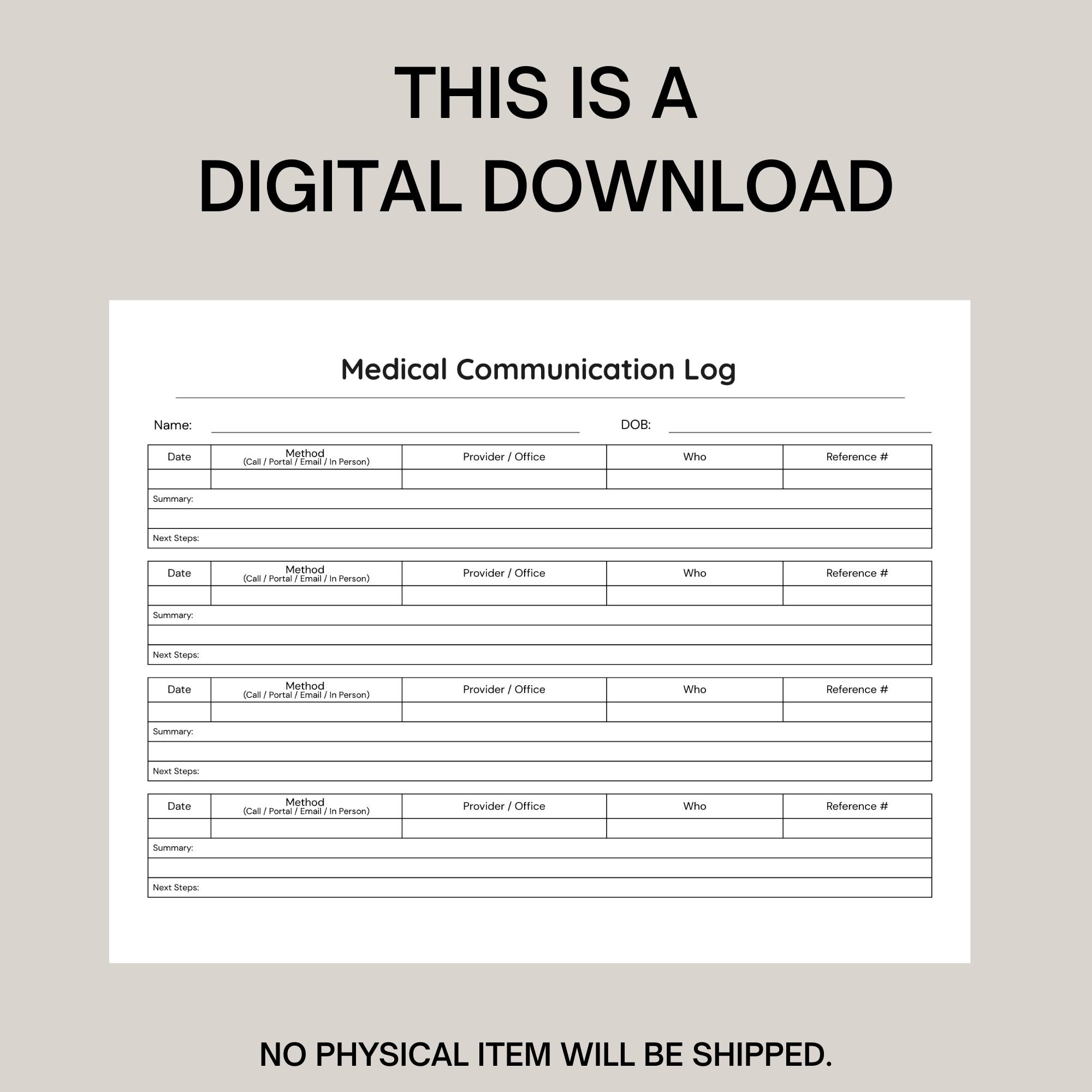 Medical Log Example Medical Communication Log Printable | Doctor & Insurance Call Tracker ...