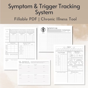 Könnte beinhalten: Eine Sammlung ausdruckbarer PDF-Seiten zur Verfolgung von Symptomen und Auslösern. Die Seiten enthalten Abschnitte für Schmerzen, Stimmung, Gesundheitsstatistiken und ein Symptomprotokoll. Der Text enthält "Symptom & Trigger Tracking System".