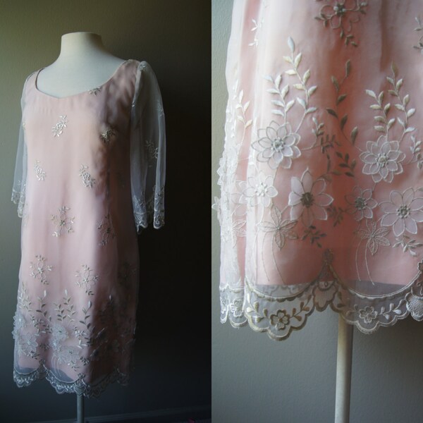 Sheer rose et blanc Vintage Overlay robe - robe de soirée - robe rose - grande robe - Plus Size Dress - Plus robe - robe à la main