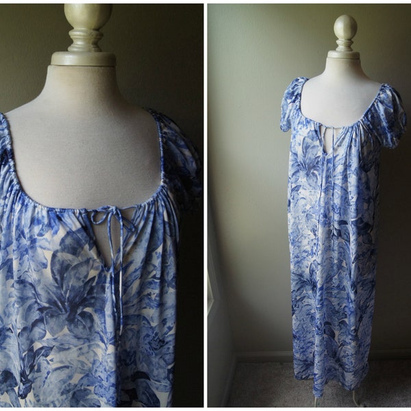 Vintage MARY MCFADDEN Marbled Blue Gown Night Gown Dress Large Blue White Boho Bohemian Floral Flowers Flowy MuMu Off the Shoulder Maxi