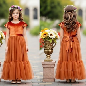 Burnt Orange Velvet Flower Girl Dress: Boho Tulle Wedding Outfit
