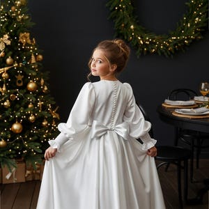 Ivory Satin Flower Girl Dress, Baptism Dress with Pearls, Baby Girl Photoshoot Dress, Special Occasion Dress, Toddler Wedding Gown