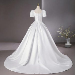 Wedding Dress Soft Satin Ball Gown, White Satin Bridal Gown with Sweep Train, Puffy Sleeve Wedding Dress