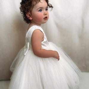 Pearl Tulle Satin Flower Girl Wedding Dress, Communion Dresses, Baptism Dresses