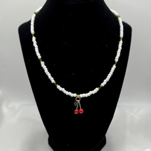 Cherry Choker Necklace: Beaded White Glass with Red Pendant, Y2K Kawaii
