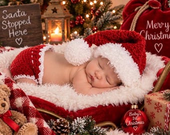 Mrs. Santa Red Christmas Hat with Matching Diaper Cover, White Fur Edge and Pom Pom, Holiday Set for Baby, Newborn Photo Prop, Santa Hat