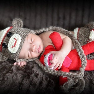 Sock Monkey Hat and Diaper Cover, Halloween Costume,Newborn Photo Prop, Monkey Hat, Brown Acrylic Yarn with Red Accent, Baby Accessories image 1