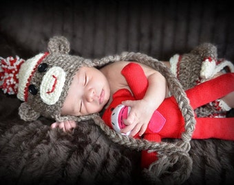 Chapeau de singe chaussette et couvre-couche, Costume d'Halloween, accessoire photo nouveau-né, chapeau de singe, fil acrylique marron avec accent rouge, accessoires pour bébé