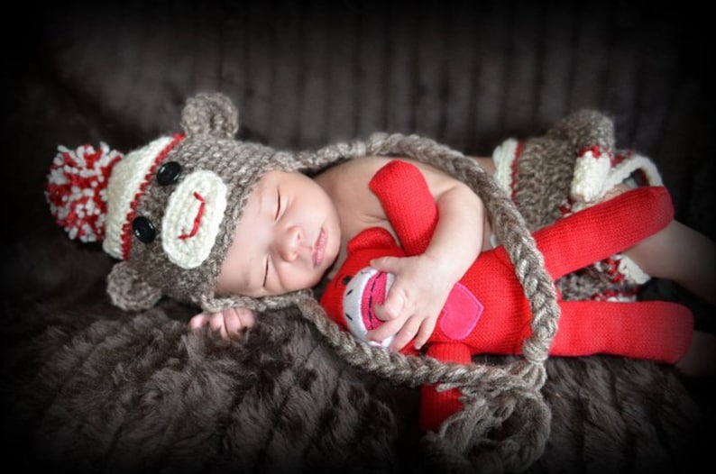 Sock Monkey Hat and Diaper Cover, Halloween Costume,Newborn Photo Prop, Monkey Hat, Brown Acrylic Yarn with Red Accent, Baby Accessories image 1