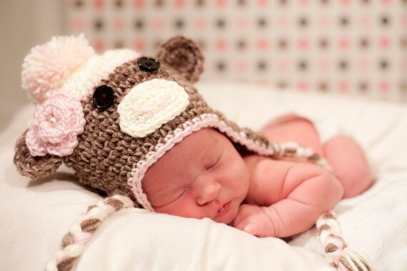 Knit Crochet Newborn Baby Child Kids Sock Monkey Apes Hat Cap Beanie Light Brown