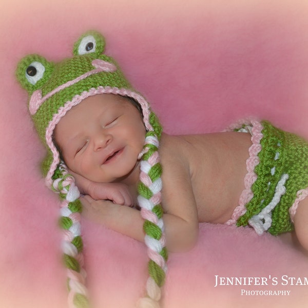 Lady Frog Hat and Diaper Cover, Spring Sets for Baby, Green and White Frog Hat, Newborn Photo Prop, Halloween Costumes, Kermit the Frog