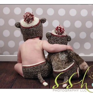 Sock Monkey Hat and Diaper Cover, Halloween Costume,Newborn Photo Prop, Monkey Hat, Brown Acrylic Yarn with Red Accent, Baby Accessories image 4