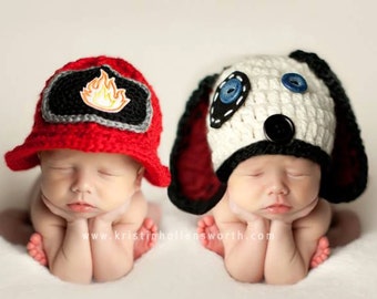Fireman Hat and Dog Hat, Twins, Newborn Photo Prop