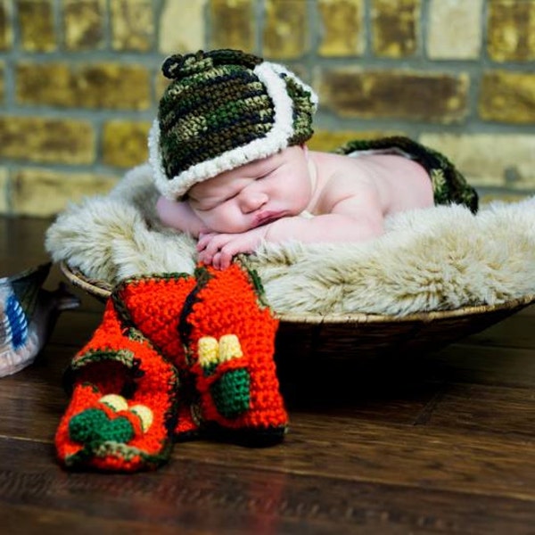 Baby Hunting Hat and Vest with Bullets, Newborn Photo Prop, Camoflauge Hunting Set for Baby, Halloween Costume for Baby, Florescent Orange