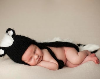 Skunk Hat and Flapper, Halloween Costume, Newborn Photo Prop, Black Skunk, Baby Animals