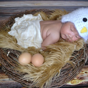 May include: A newborn baby wearing a white crocheted chicken hat sleeps in a nest made of twigs and faux fur. Two brown eggs are placed in the nest.