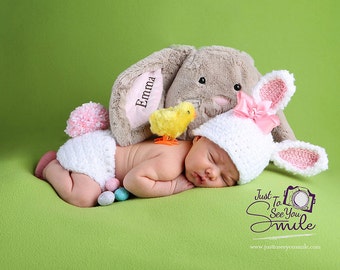 White Fuzzy Bunny Hat and Diaper Cover, Easter,  Newborn Photo Prop