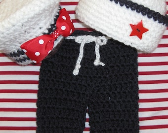 Nautical Sailor Set, Marine Hat, Military, Independence Day, American, Halloween Costume, Newborn Photo Prop, Red White and Blue, Crochet