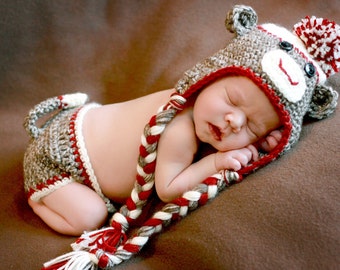 Sock Monkey Hat and Diaper Cover, Newborn Photo Prop, Monkey Hat