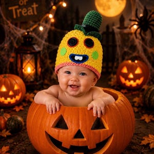 May include: A yellow crocheted hat featuring a green top hat accent, black button eyes, and a blue mouth with white teeth. The hat has a pink trim at the bottom edge and is worn by a baby sitting inside a large, carved orange jack-o'-lantern pumpkin.