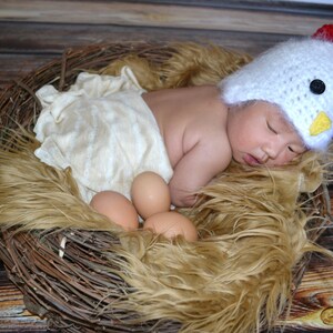 May include: A newborn baby wearing a white crocheted chicken hat with red accents sleeps in a nest of brown twigs and faux fur.  The baby is wrapped in a white blanket and there are four brown eggs around the baby.