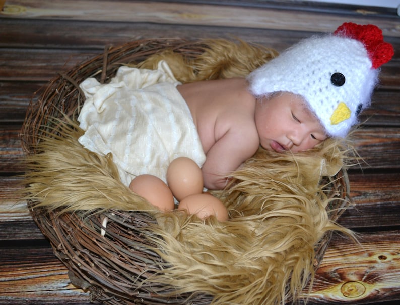May include: A newborn baby wearing a white crocheted chicken hat with red accents sleeps in a nest of brown twigs and faux fur.  The baby is wrapped in a white blanket and there are four brown eggs around the baby.