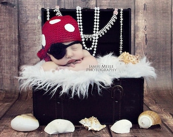 Pirate Hat and Eye Patch, Halloween Costumes, Newborn Photo Prop, Crochet Pirate Hat, Knitted, Baby Boy, Red Pirate Hat,Eye Patch