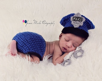 Policeman Hat and Diaper Cover with Handcuffs, Sheriff, Deputy, LAPD, Law Enforcement, Halloween Costume, Photo Prop, Military Uniform