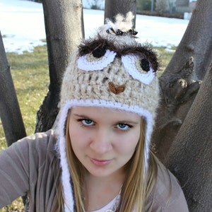 Crochet Owl Hat for Youth to Adults, Cream, Blue, Winter Hats, Halloween Costumes, Animal Hats for Youth, Crochet Owl Hat