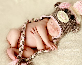 Sock Monkey Hat in Brown with Pink Accent,  Newborn Photo Prop