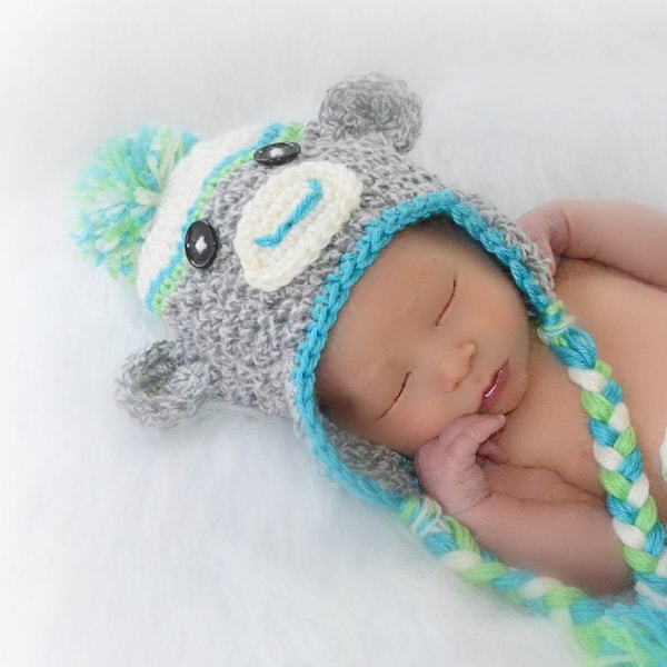 Sock Monkey Hat in Gray with Turqoise and Green Accent, Crochet Monkey, Halloween Costume, Newborn Photo Prop,  Baby Animals, Nursery