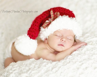 Christmas Santa Claus Hat with Furry Brim,  Red with White Pom Pom, Holiday Hats for Baby, Mrs. Claus Hat, Newborn Photo Prop, Holiday Photo