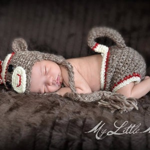 Sock Monkey Hat and Diaper Cover, Halloween Costume,Newborn Photo Prop, Monkey Hat, Brown Acrylic Yarn with Red Accent, Baby Accessories image 2