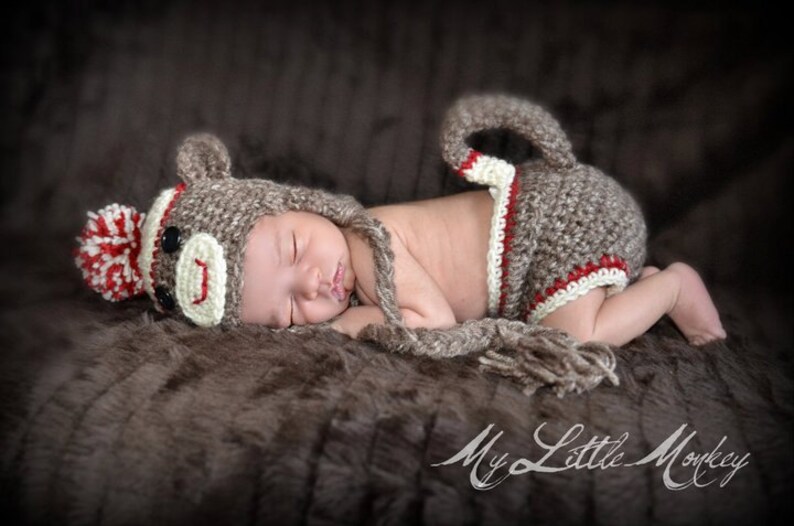 Sock Monkey Hat and Diaper Cover, Halloween Costume,Newborn Photo Prop, Monkey Hat, Brown Acrylic Yarn with Red Accent, Baby Accessories image 2