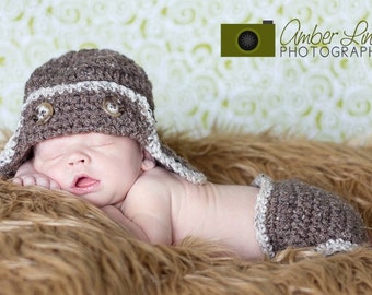 Newborn Aviator Hat and Diaper Cover, Newborn Photo Prop, Halloween Costume for Baby, Flyer, Military Hats