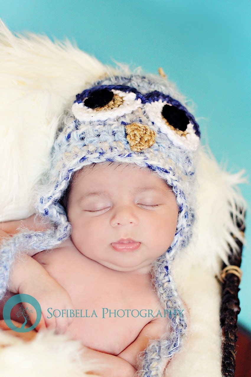 Newborn Crochet Owl Hat in Blue, Newborn Photo Prop, Halloween Costume for Baby, Bird hats, Baby Gir