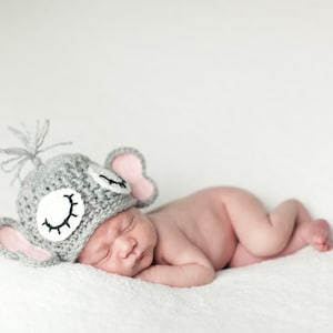 Gray Elephant Hat with Sleepy Eyes, Newborn Photo Prop, Halloween Costume for Baby, Nursery Themes, Baby Elephant Hat, Dumbo the Elephant