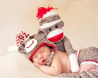 Sock Monkey Hat and Diaper Cover, Newborn Photo Props, Brown with Red Trim, Halloween Costume