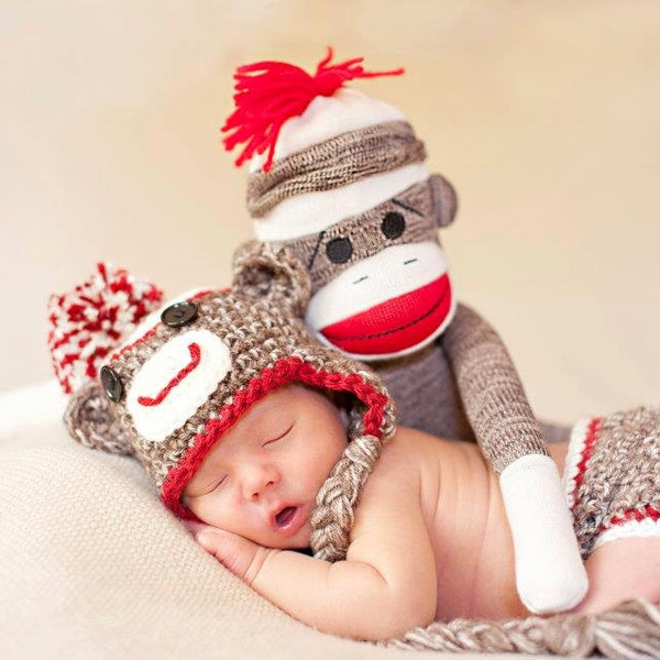 Sock Monkey Hat and Diaper Cover, Newborn Photo Props, Brown with Red Trim, Halloween Costume