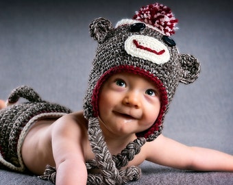 Sock Monkey Hat, Photo Prop, Winter Hats, Crochet Hat for Youth