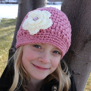 Crochet Flower Hat with Basket Weave, Rose with Cream Flower, Chemo Hat, Winter Hats for Ladies, Crochet Hats for Girls