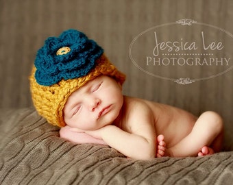 Gold and Teal Flower Hat with Wooden Button, Baby Girl Cloche Hat, Newborn Photo Prop, Crocheht Newborn Girl Hats, Halloween Hat for Baby