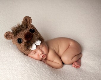 Brown Beaver Hat, Newborn Photo Prop, Halloween Costume for Baby, Animal Hats, Nursery Themes, Crochet Beaver Hat, Handmade