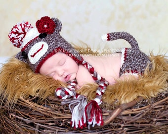 Brown Sock Monkey Hat and Diaper Cover, Halloween Costume for Baby, Newborn Photo Prop, Happy Face, Pom Pom, Button Eyes, Ears, Stuffed Tail