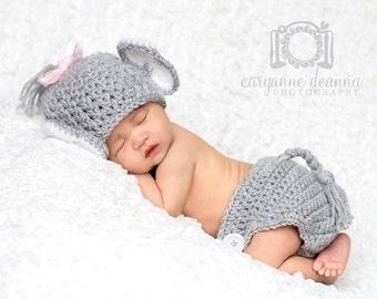 Elephant Hat and Diaper Cover, Crochet Pacoderm, Baby Animals, Halloween Costume for Baby, Gray Elephant. Newborn to 6 Months, Photo Props