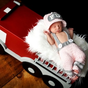 Fireman Hat and Pants for Baby Girl in Pink and Gray, Newborn Photo Prop