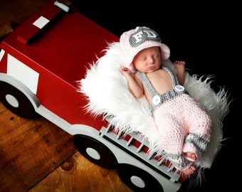 Fireman Hat and Pants for Baby Girl in Pink and Gray, Newborn Photo Prop