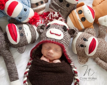 Sock Monkey Hat and Diaper Cover,  Newborn to Toddler, Brown with Red Trim, Photo Prop, Halloween Costume for Baby, Baby Animals, Monkey Hat